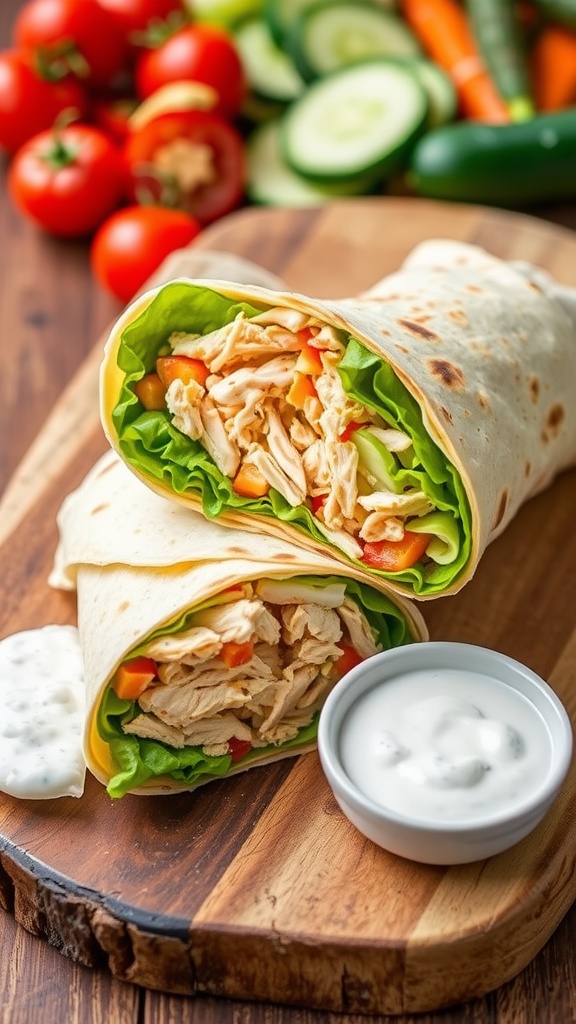Delicious Homemade McDonald A sliced homemade snack wrap with chicken, lettuce, and cheese on a wooden board with ranch dressing.